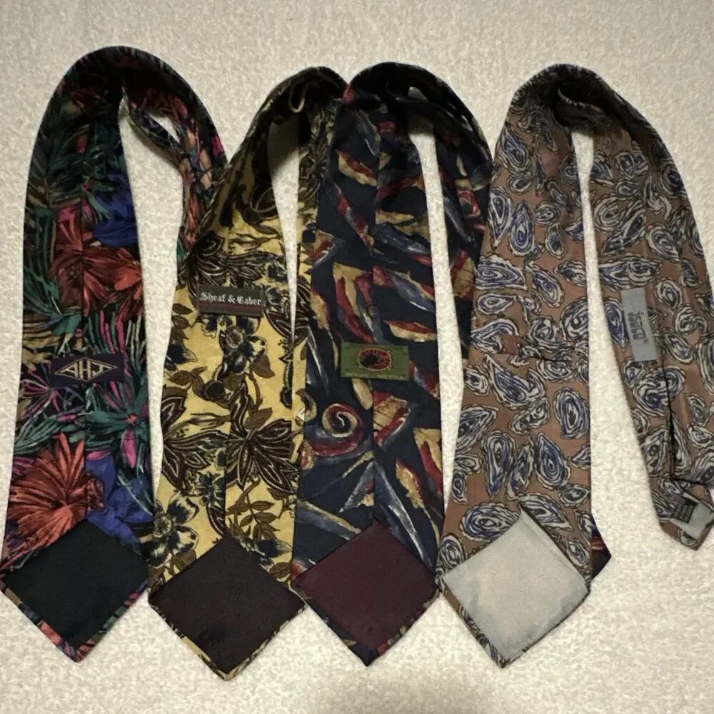 Men's Silk Neck Ties Bundle Floral Flowers Vintage, 100% Silk, Retro